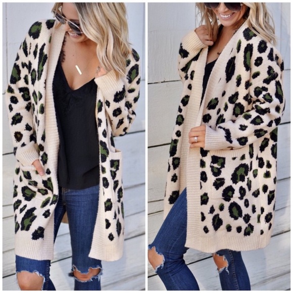 Sweaters - CLEARANCE Ivory Green Leopard Long Warm Cardigan W/ Pockets